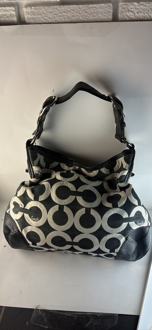 Coach black and grey jacquard shoulder bag with leather trim and silver tone har